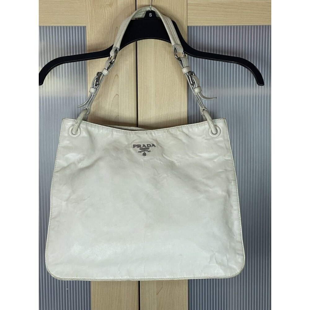 Prada Shoulder Hobo Bag White Nappa Leather Large Designer Retro AUTH - Picture 3 of 8